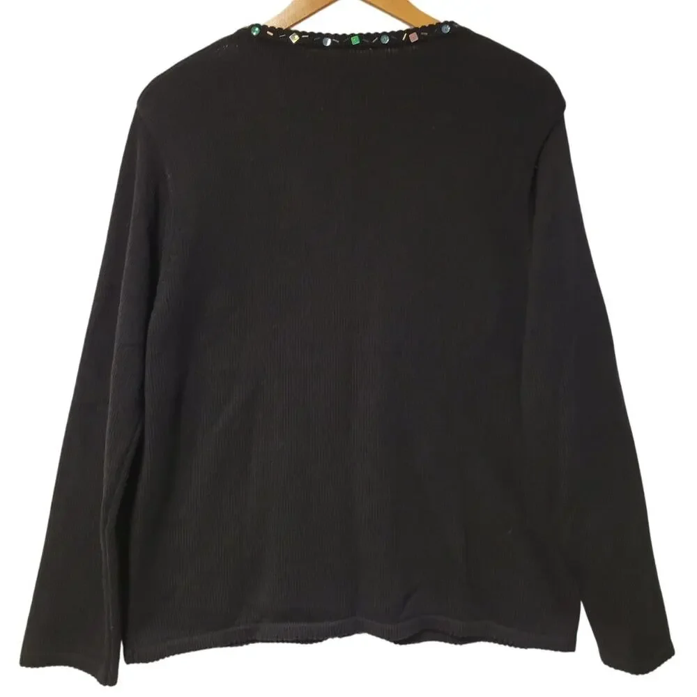 Black Cardigan Multicolor Embroidered Snowflakes Beaded & Sequined Neckline- L‎